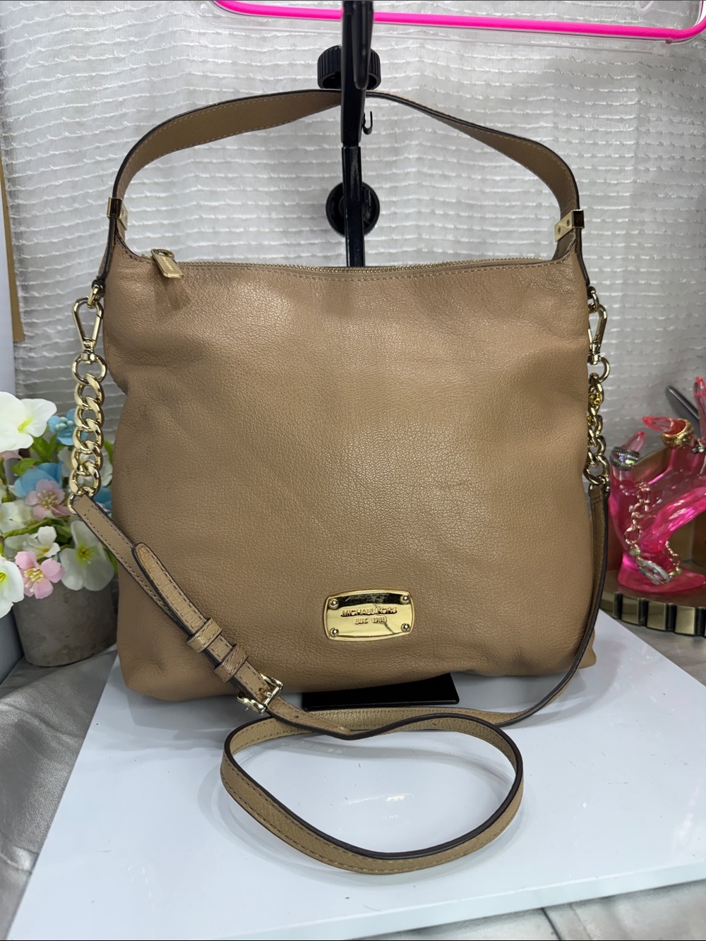 (X2) Michael Kors Bedford, vintage brown leather crossbody shoulder bag.